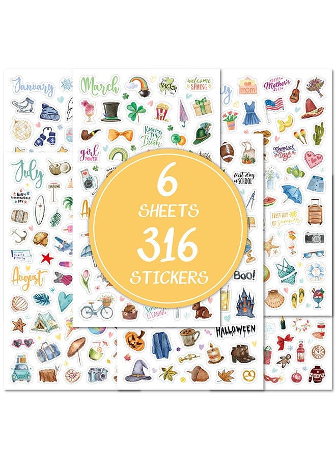 Ba Love 316 Stickers Planner Stickers Book, 6 Sheets Waterproof Repositionable Stickers for Journal, Bullet Planner, Scrapbook & Calendar, Functional Decorative Sticker Set & Gift - Image 1